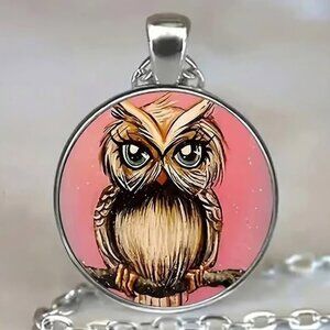 Silver Pink OWL Glass Cabochon Pendant Necklace